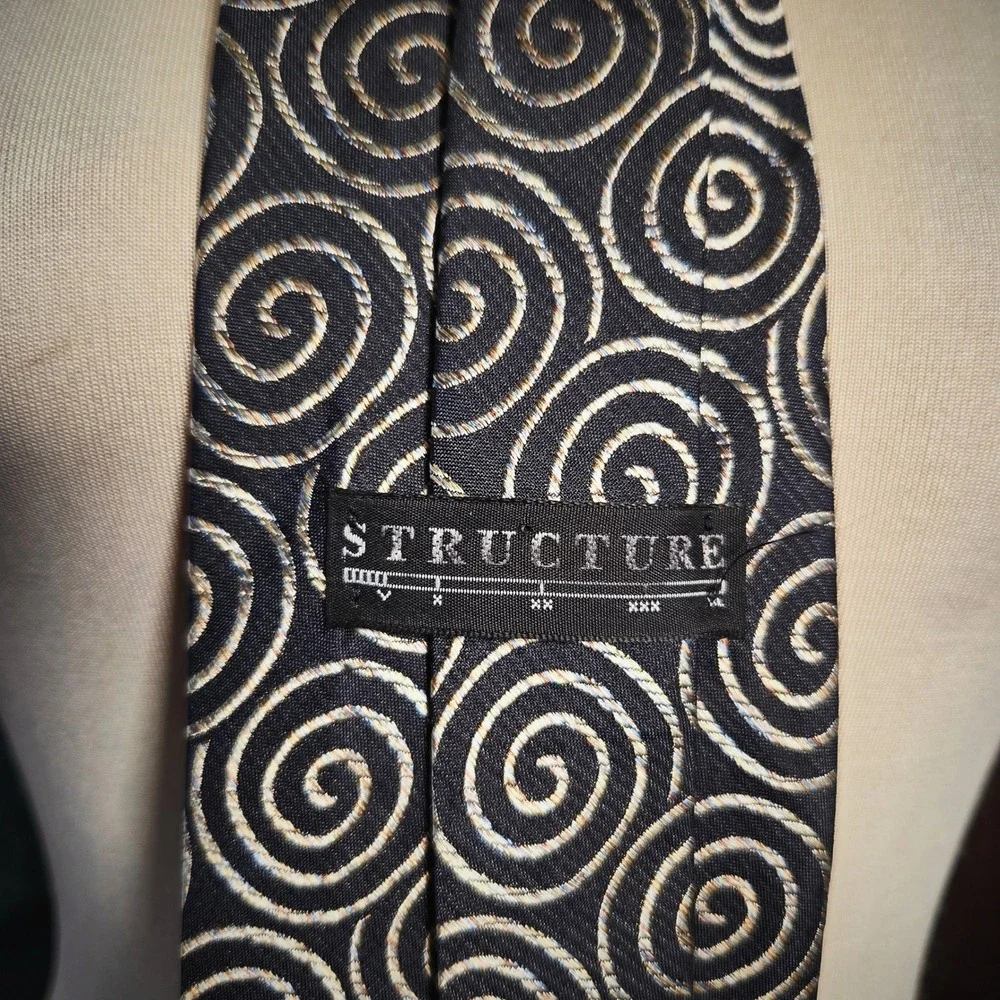 Structure Silk Tie Vintage 90s Mens Black Silver Swirl Geometric Geometric USA